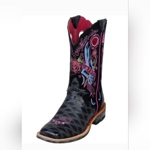 Ariat ♥️Women's Black Leather Western Cowgirl Boots Pink & Teal Embroidery